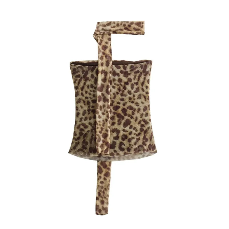WOMEN Leopard Print Tulle Crop Top Woman Ruched Off Shoulder Bandeau Top Women Sleeveless Backless Tube Top Summer Sexy Tops