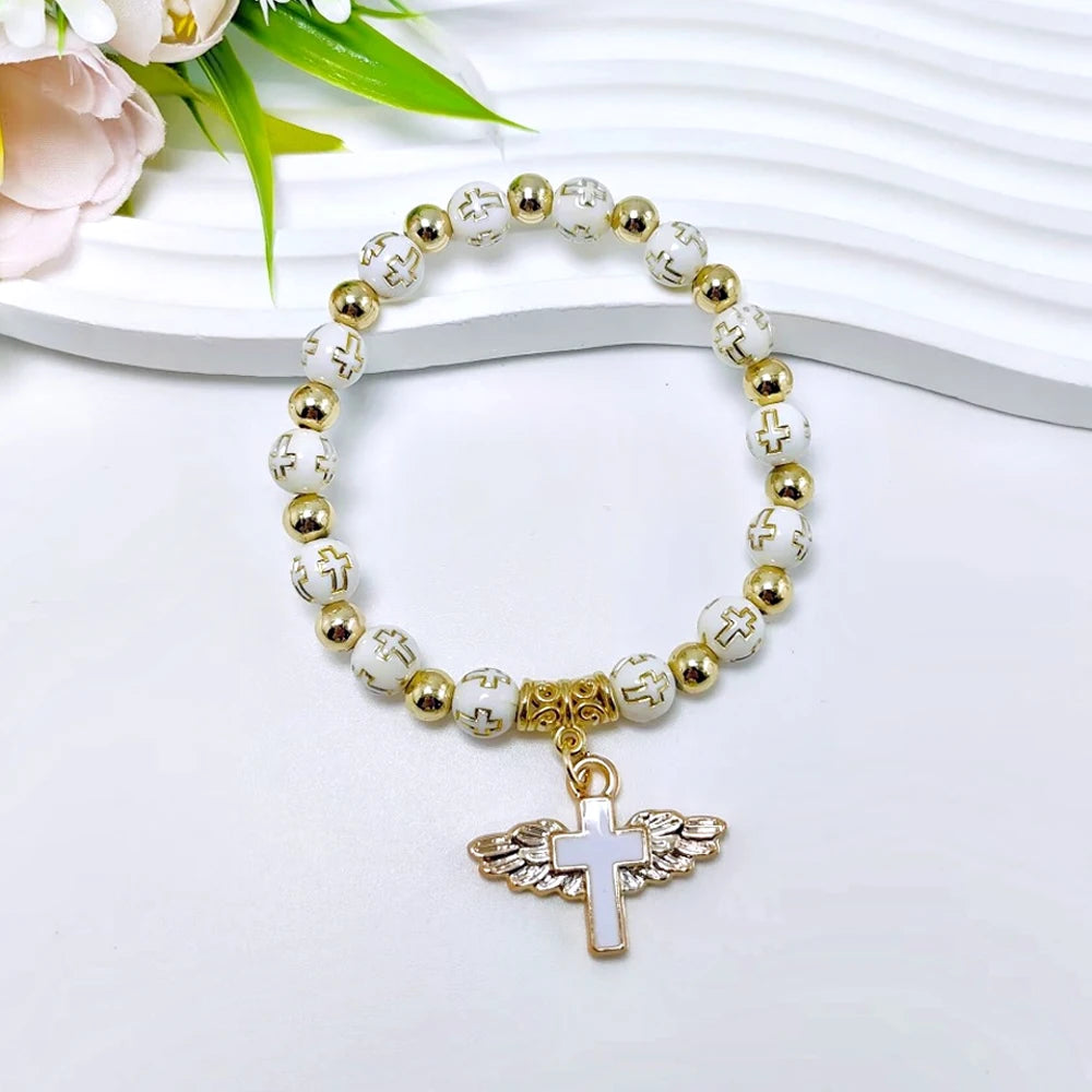 Fashion Acrylic Beaded Bangles Bracelet With Angel Wings Cross Pendant For Women Men Wristbands Lucky Jewelry Gifts