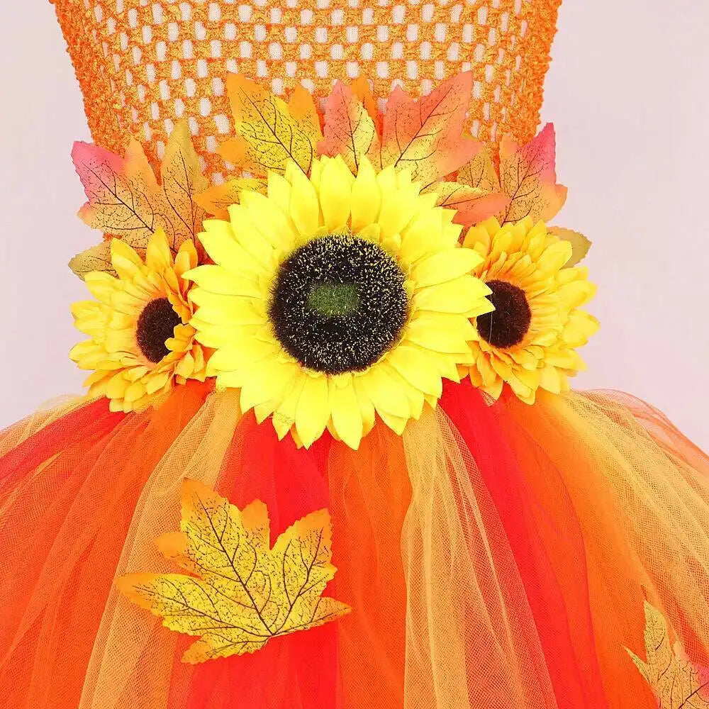 Maple Leaf Sunflower Fairy Costumes Girls Fall Autumn Long Tutu Dress for Kids Thanksgiving Halloween Fancy Outfit with Wings