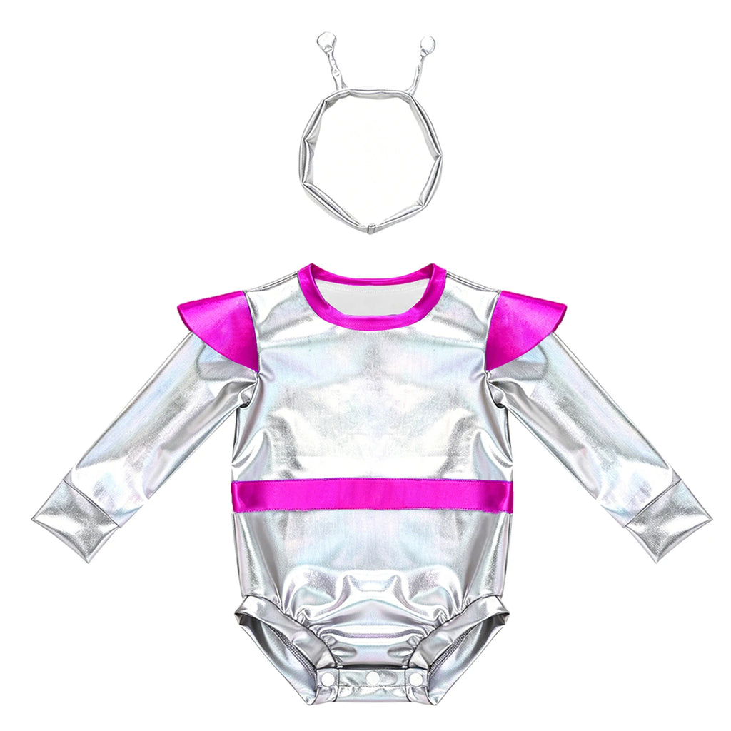 Toddler Boys Girls Shiny Alien Dress-up Costume Jumpsuit Cap Sleeve Zipper Metallic Romper for Photography Halloween Theme Party