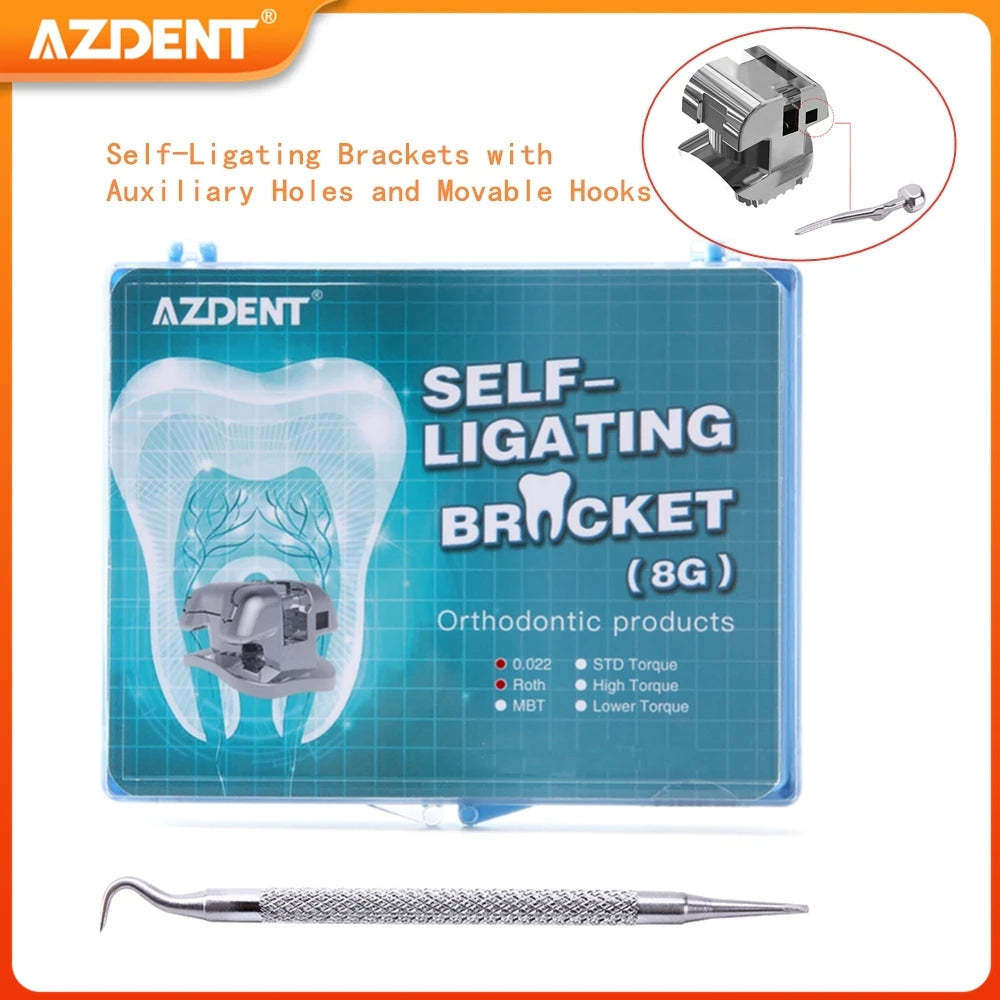 AZDENT Dental Orthodontic Brackets Self-Ligating Braces Inserted Crimpable Movable Hooks Auxiliary Hole Buccal Tube 28pcs/Box