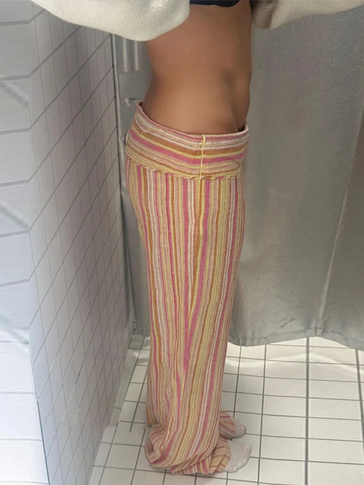 Pants Leg Stripe Women's Trousers Adjustable Waist Wrap Loose Summer Floor Length Boho Palazzo Trousers Women's Outfit For Women