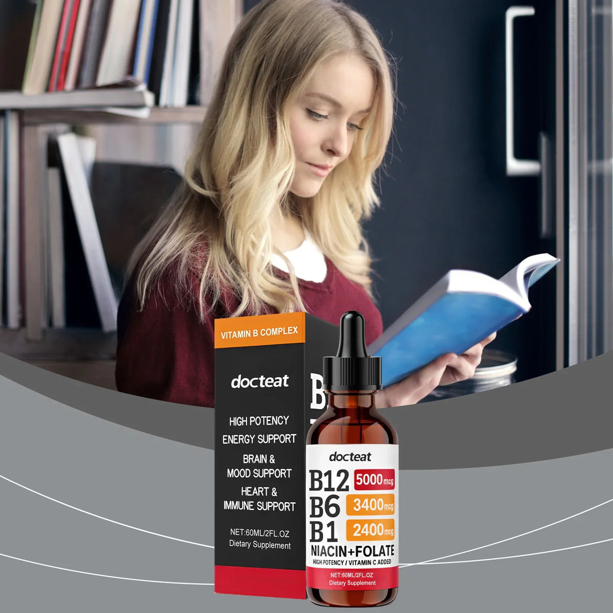 Docteat B Complex Drops 60ml High Potency B12 5000mcg Methylcobalamin Energy Brain Mood Heart Immune Support Non GMO Vegan