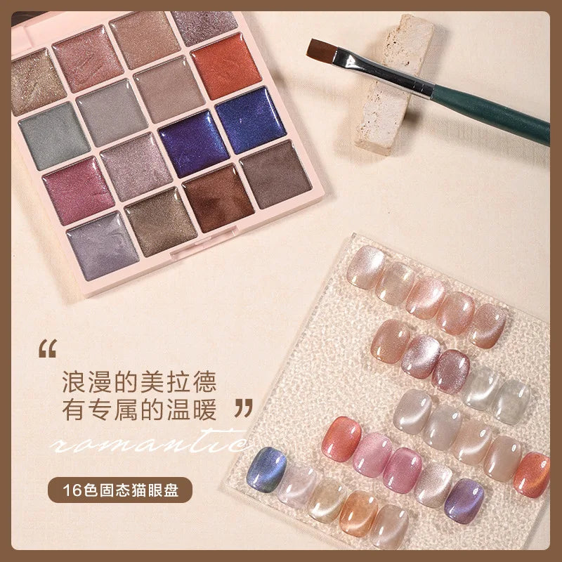 16colors Japanese Holographic Glitter Mirror Porcelain White Cat Eye Gel Polish Palette Magnetic Galactic Effect Gel Nail Polish