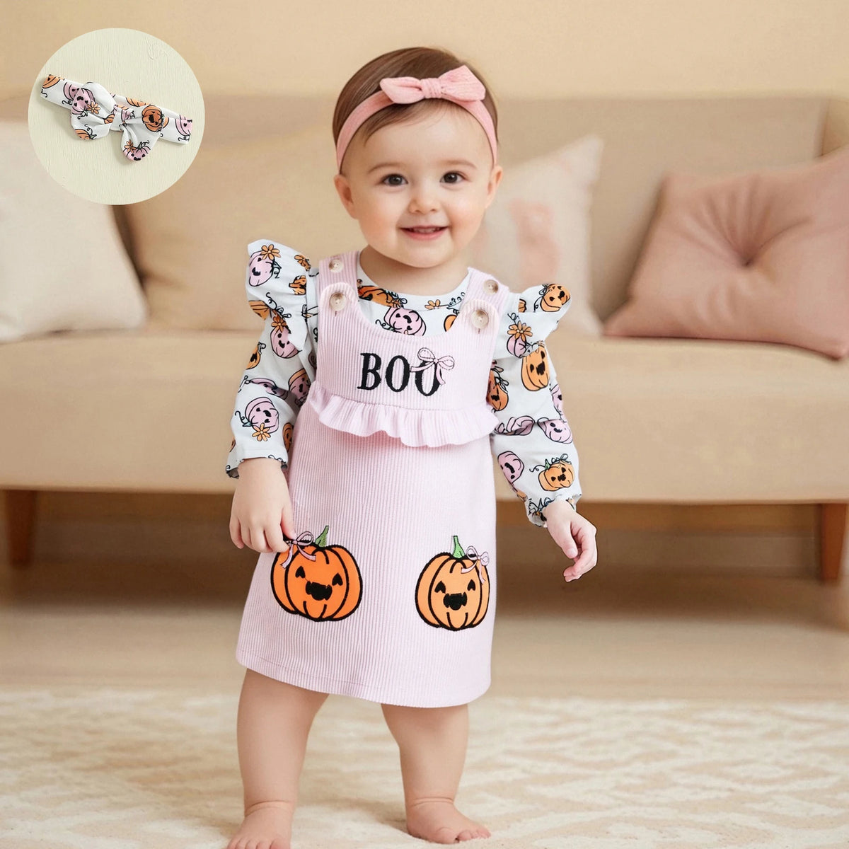 0-18M Baby Girl Halloween Outfit Long Sleeve Romper Pumpkin Print Overall Dress Headband Set Newborn Fall Clothes