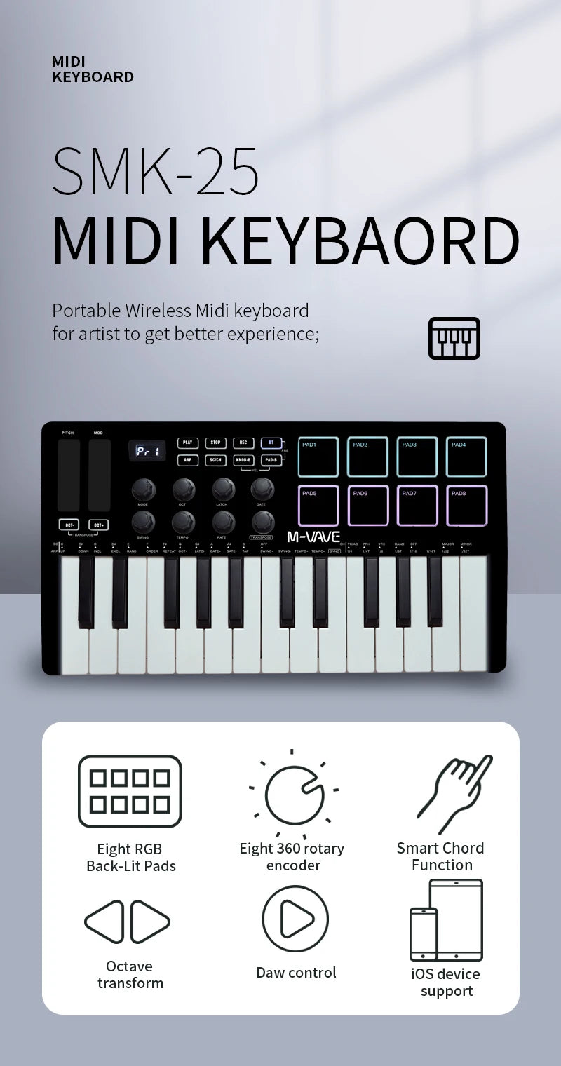 M-VAVE Portable MIDI 25-Key USB MIDI Keyboard Controller with 8 Backlit Drum Pads 8 Knobs 8 RGB Music Keyboard Instruments