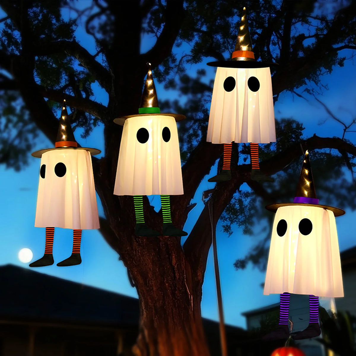 Halloween Hanging Ghost Decorations Outdoor, Glowing Ghost with Witch Hat String Lights for Yard Patio Garden Tree Decoration