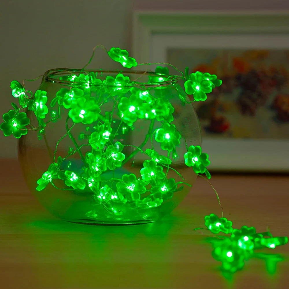 2M Clover Indoor Decorative Lights Battery-Powered Clover String Lights Lucky Four-Leaf Clover Green Lights DIY Party Decoration