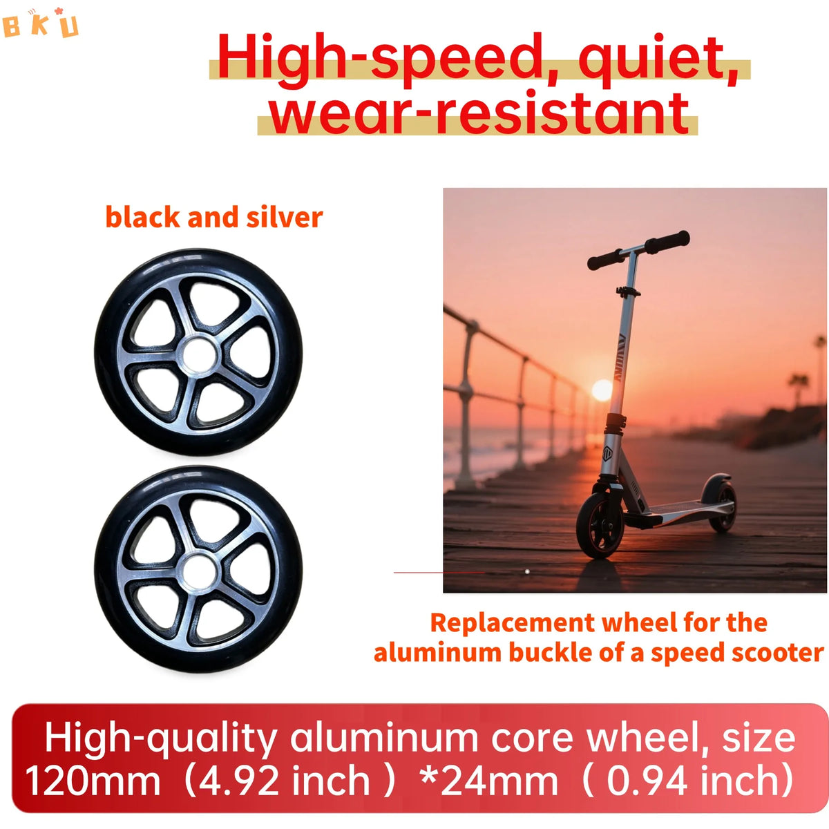 120mm (4.92-inch) Aluminum Core Replacement Wheel for Speed Scooters - Aluminum Alloy + PU with Black Bearings(2PCS)