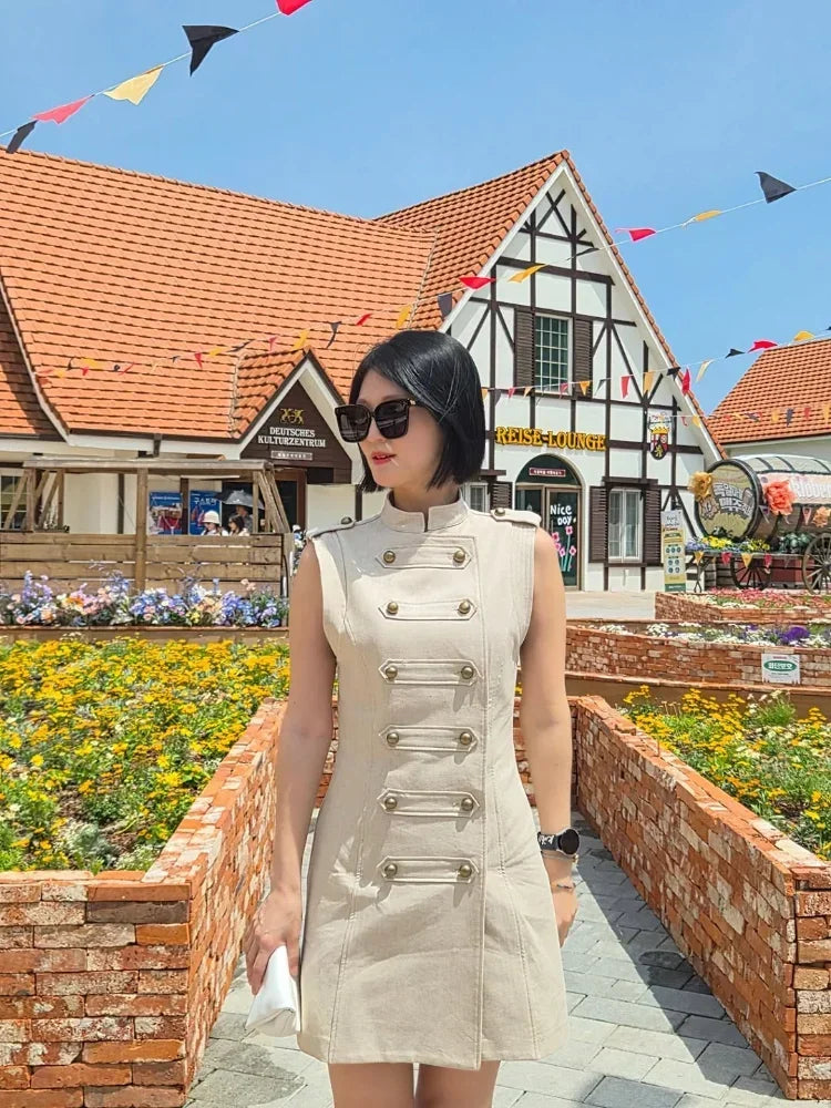 Women's Stand Collar Double Breasted Mini Dress Sleeveless Elegant Casual Slim Fit Short Robe Lady Office New Dresses 2026 Summer