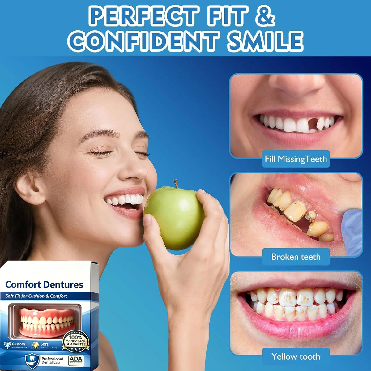 Soft Silicone Snap-On Dentures Full Set – Natural Upper&Lower Teeth,Instant Comfort Fit,Zero Glue,Realistic Smile for Men&Women