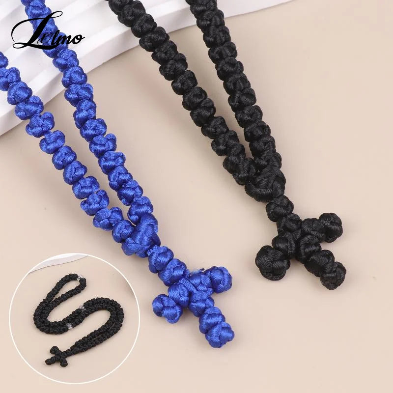 Handmade Orthodox Komboskini Prayer Rope Necklace Black Blue Knot Religious Cross Rosary Jewelry Gift For Believers