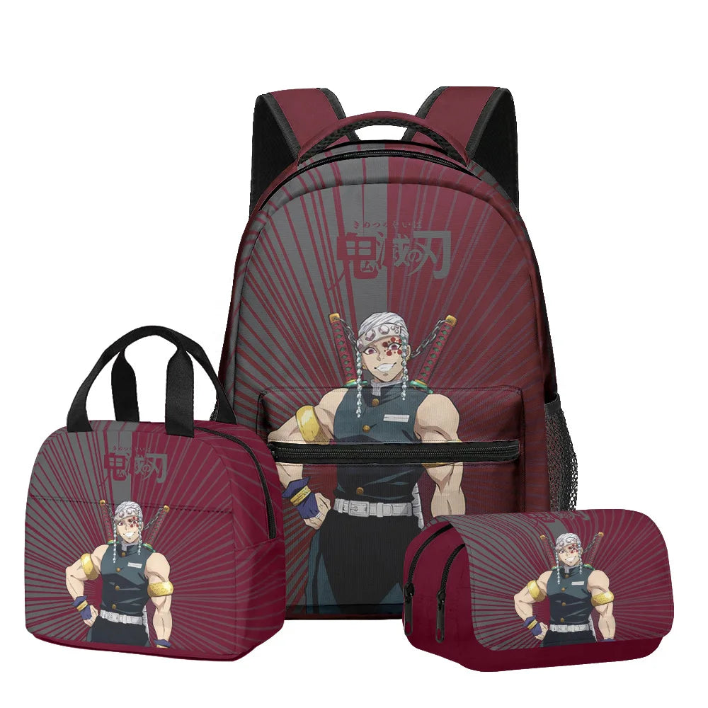New Anime Peripheral Demon Slayer 3D School Backpack Lunch Bag Pencil Case 3-Piece Set Printed Holiday Gift for Students Gift