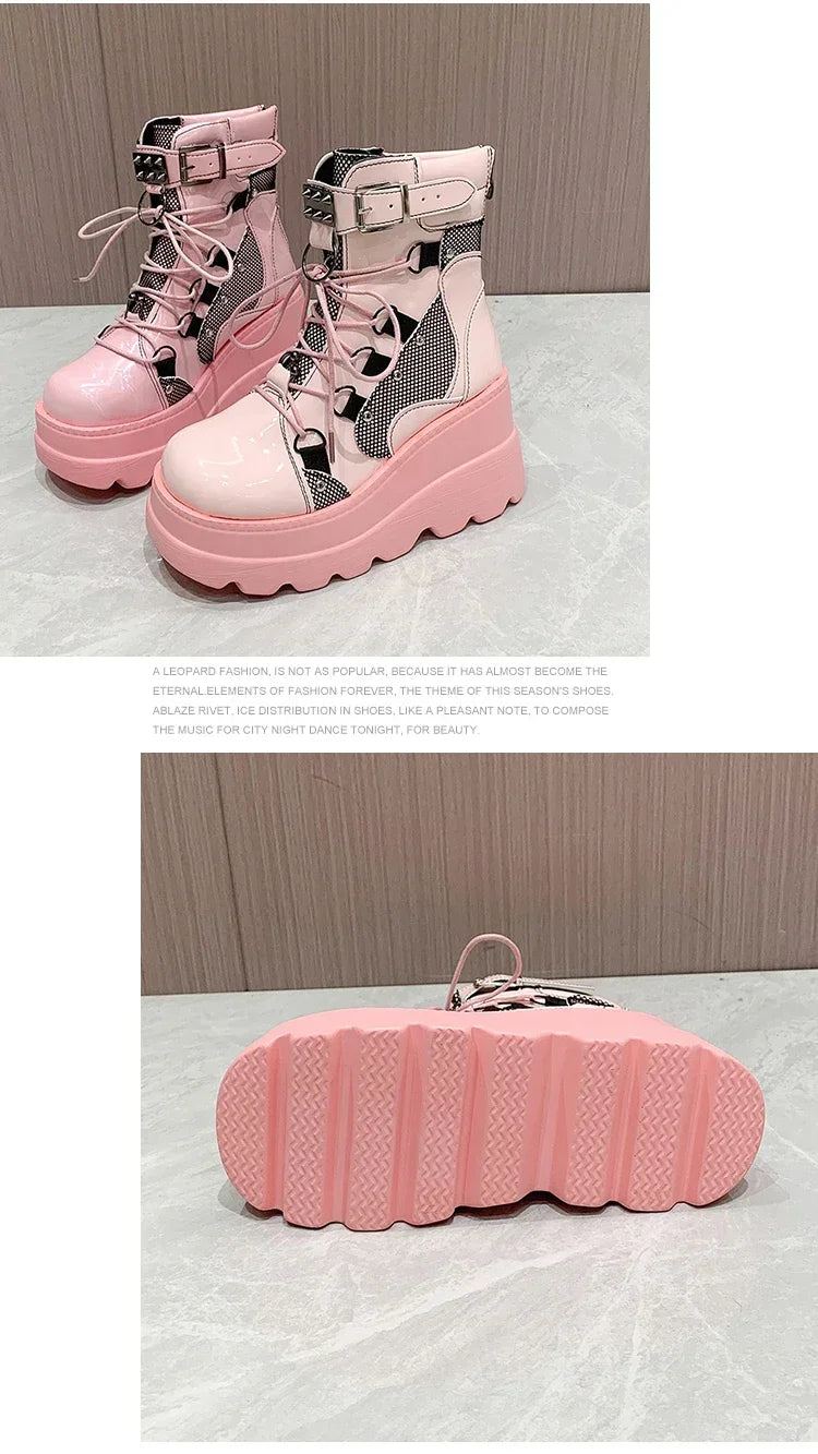 2025 New Design Women Punk Gothic Motorcycle Boots Platform Chunky High Heel Ankle Boot Ladies Cool Wedge Black Female Shoes