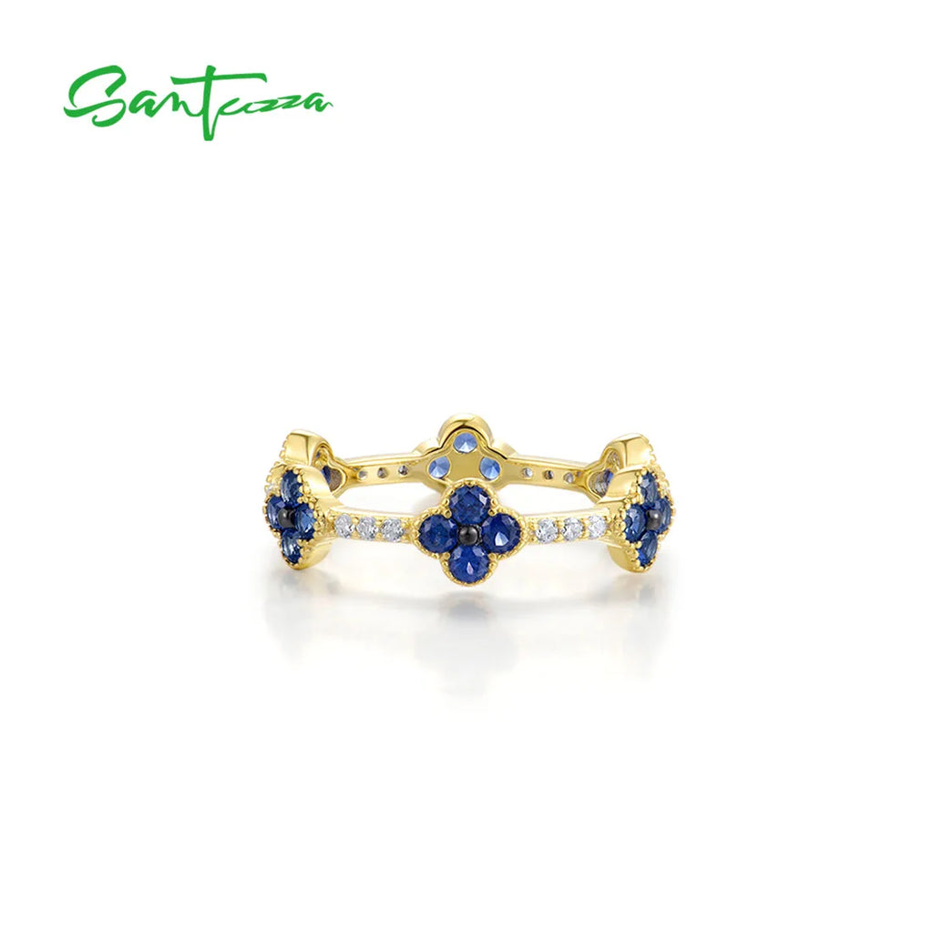 SANTUZZA 925 Sterling Silver Stackable Ring For Women Created Ruby Sapphire White CZ Delicate Flowers Wedding Gifts Fine Jewelry