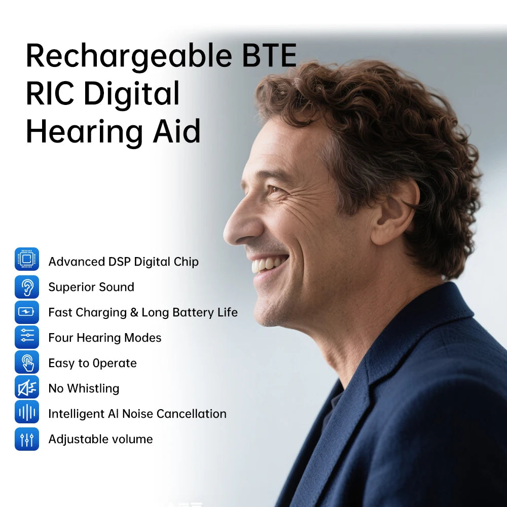 2025 Top Mirasing 10-Channel Digital BTE/RIC Hearing Aid - Rechargeable & Noise Cancelling with Portable Charging Case