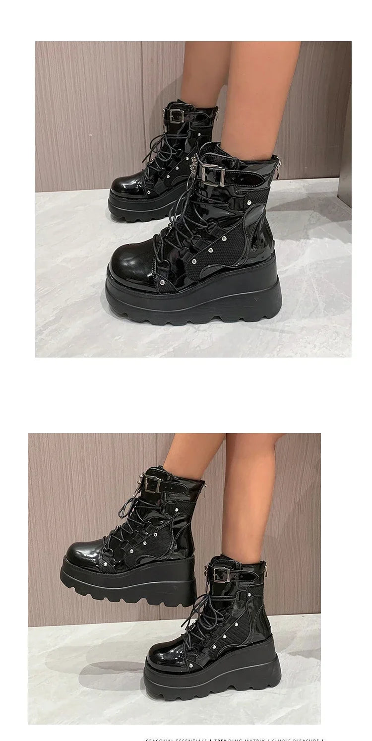 2025 New Design Women Punk Gothic Motorcycle Boots Platform Chunky High Heel Ankle Boot Ladies Cool Wedge Black Female Shoes