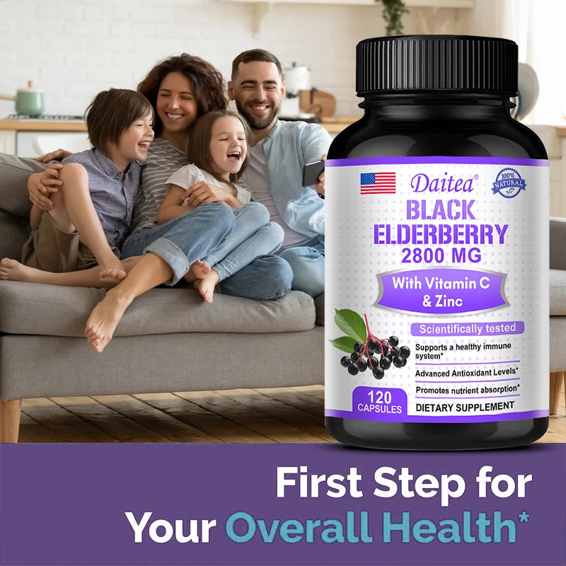 Black Elderberry Capsules 2000mg with Vitamin C, Milk Thistle, Antioxidants, Immune System Support, Energy Boost, Non-GMO