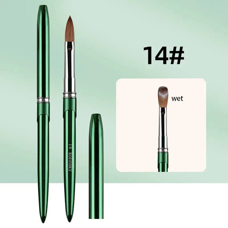 100% Kolinsky Acrylic Nail Brush 1Pcs Green Crimped Metal Handle Drawing Brush for Acrylic Powder Size 2-18