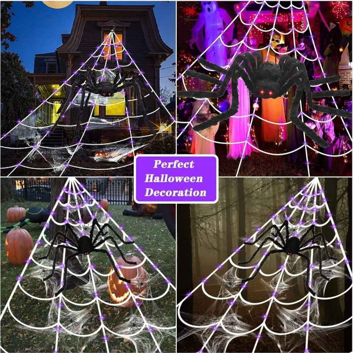 1Set Halloween Giant Triangular LED Spider Web Decor Purple Light Up Cobweb with Large Spider For Outdoor Garden House Decor