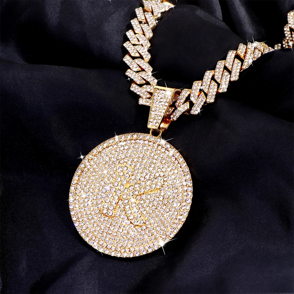 Iced Out Round Initial Pendant Necklace 14MM Rhombus Cuban Link Chain 26 Letters Chain Necklaces Women Men Hiphop Jewelry