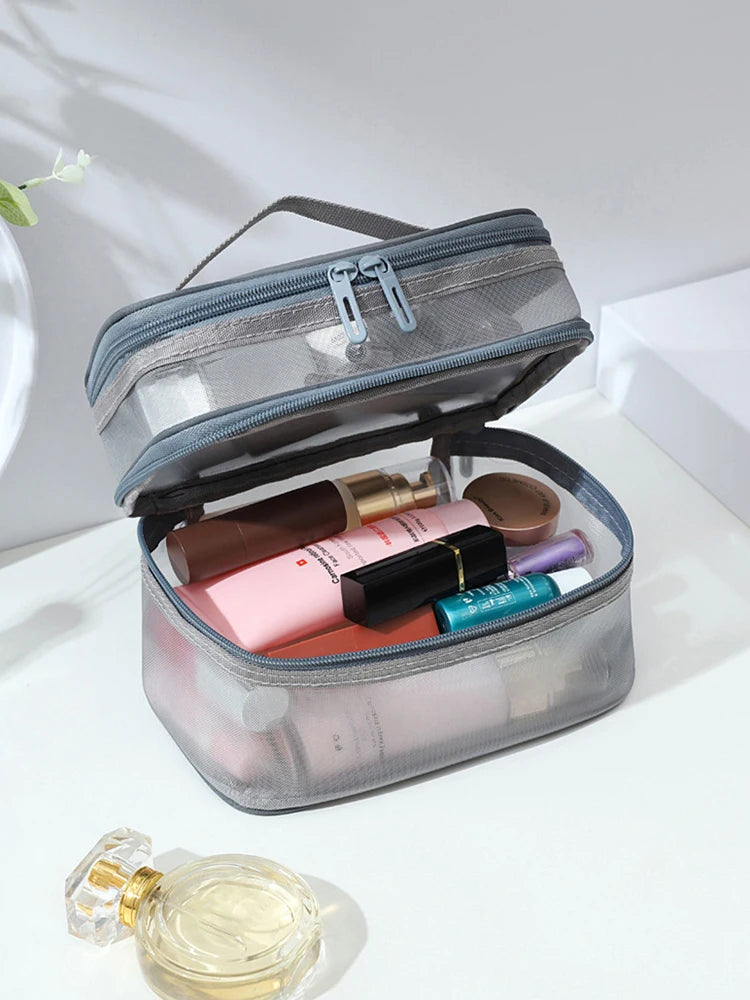 Double Layer Mesh Makeup Bag, Wash Bag, Women's Portable New Large Capacity Storage Bag, Cosmetics Storage Bag