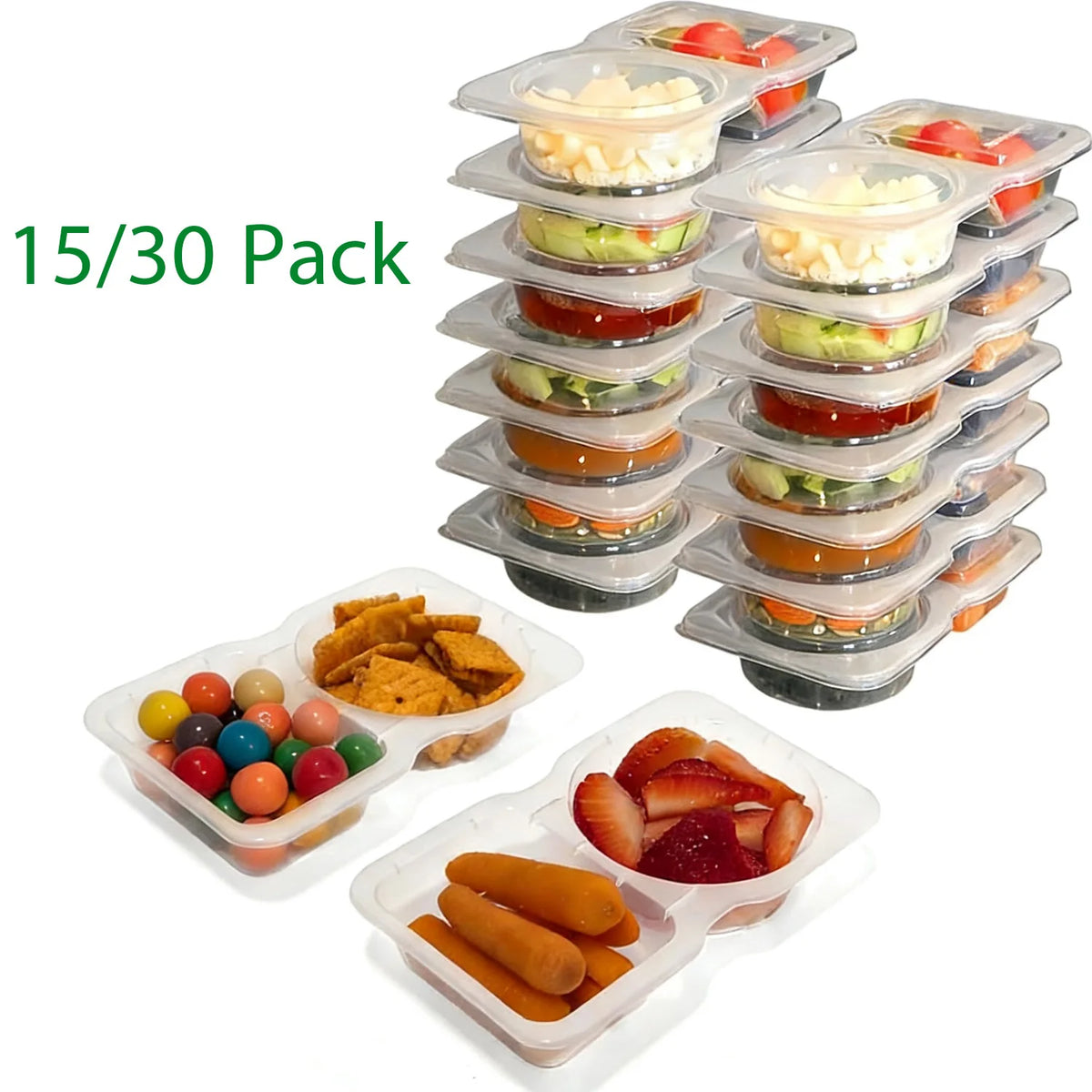 15/30 Pack 2 Compartment Snack Containers with Lids & Forks – Leak-Proof, Reusable Plastic Snack Packs for Kids & Adults