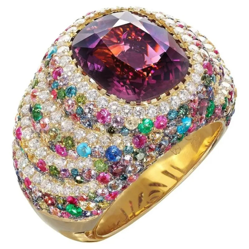 Vintage Gold Plated Ring, Colorful Synthetic Zircon Inlay Design, Sparkling Party Banquet Women's Ring, Elegant Jewelry