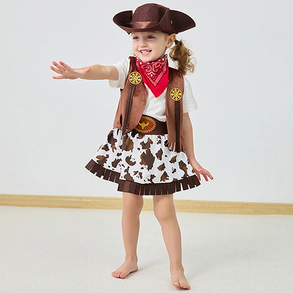 Kids Cowgirl Cosplay Vest Skirt Hat Set Girl Festival Performance Outfit Child Carnival Xmas Halloween Party Masquerade Clothing