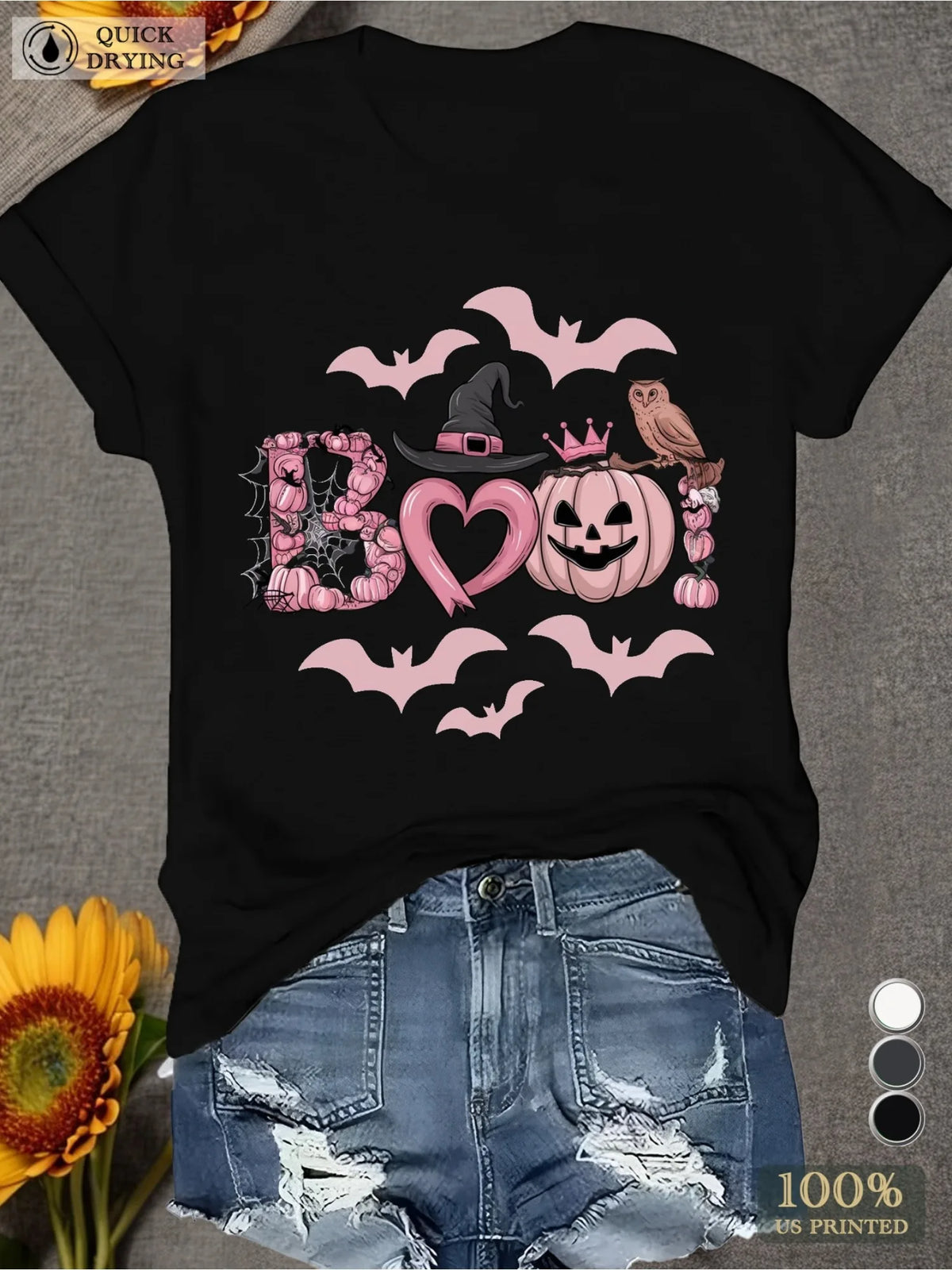 Halloween Boo Women's  T-Shirt  Black with Pink Halloween Graphics Bats Pumpkins Witch Hat Casual  Wear for Halloween Parties