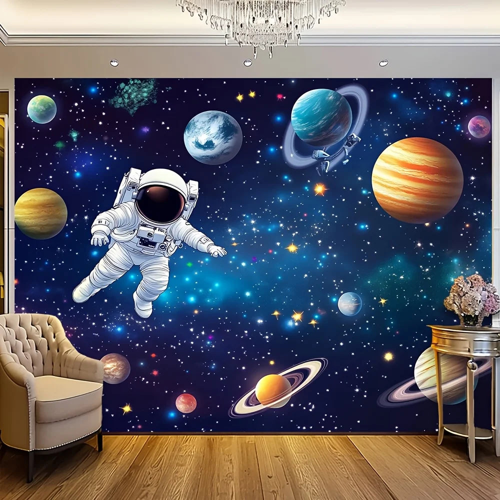 One galaxy space-themed polyester background fabric, designed for outer space and rocket astronauts, for a birthday party