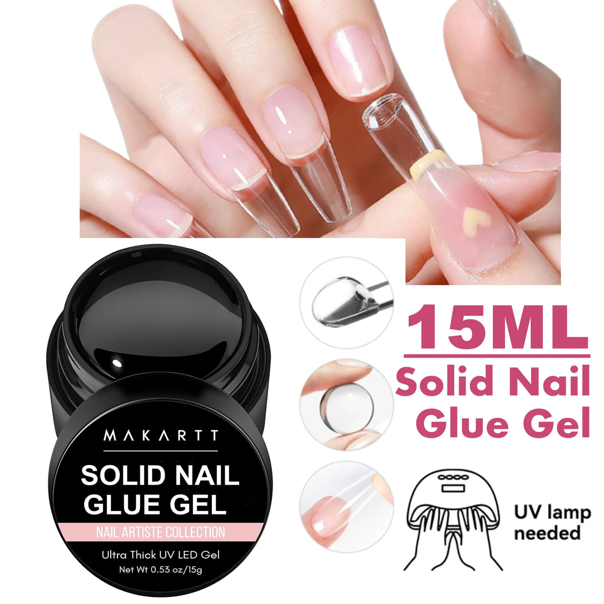 Makartt Solid Nail Gel for Acrylic Nail Tips Glue Gel Curing Needed UV Cured for Press On Nails Fake Nails Solid Nail Adhesive