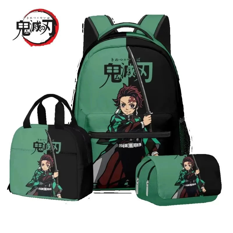 New Anime Peripheral Demon Slayer 3D School Backpack Lunch Bag Pencil Case 3-Piece Set Printed Holiday Gift for Students Gift