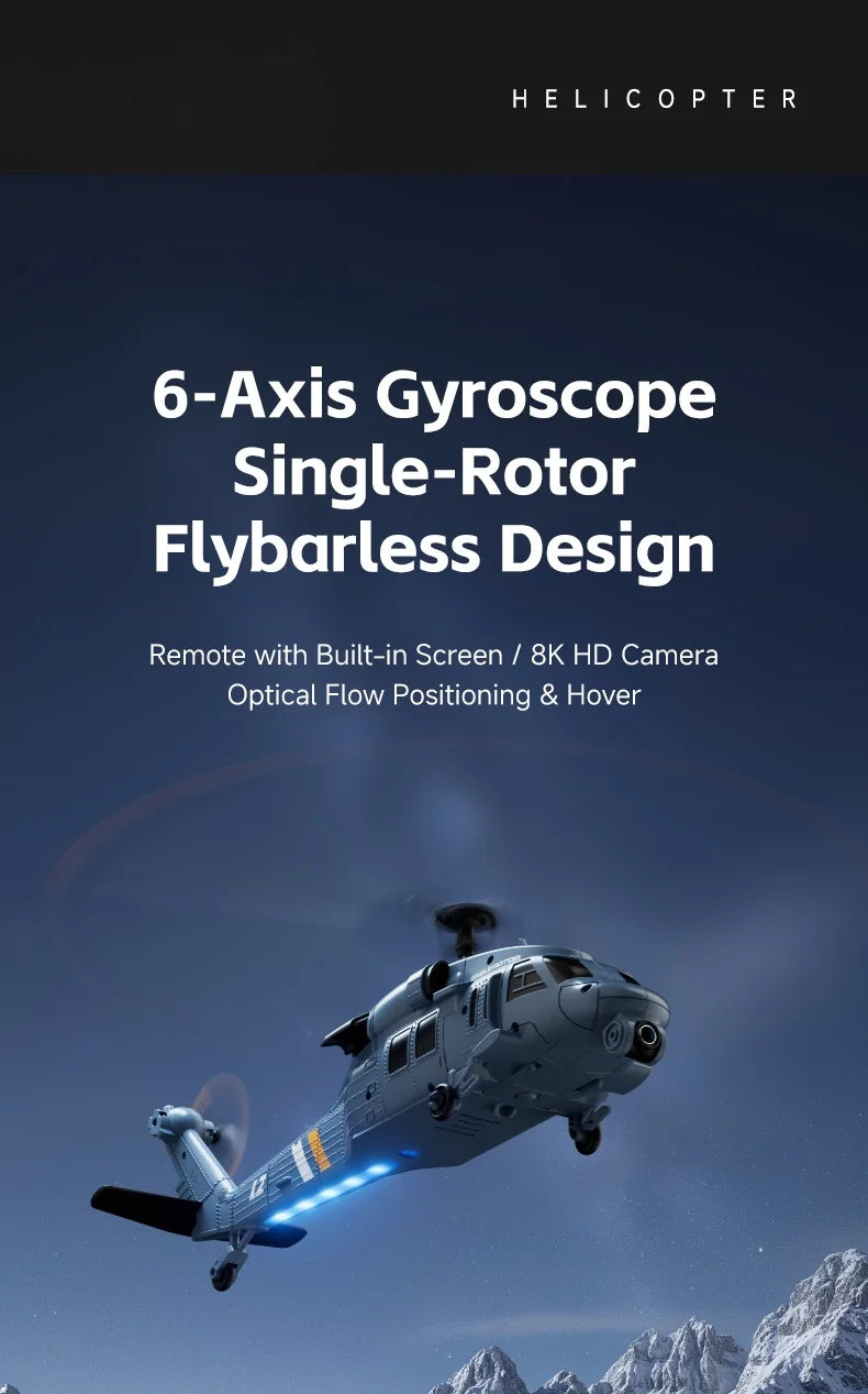 8K HD Camera RC Helicopter With LCD Screen Optical Flow Positioning One Key Takeoff WIFI FPV RC Airplane Single-Rotor Flybarless