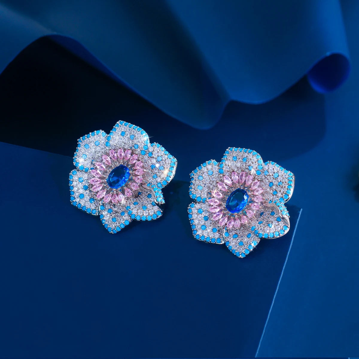 CWWZircons Fashion Korean Blue Pink CZ and Turquoise Micro Pave Large Flower Stud Earrings for Women Wedding Party Jewelry E1184