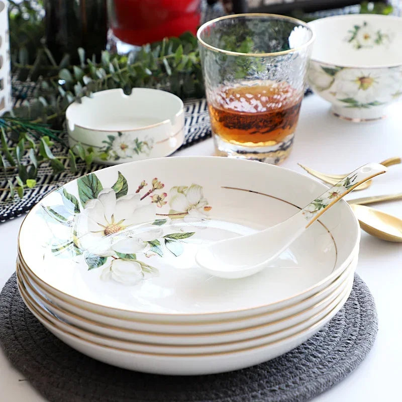 Bone China Dinnerware, Household Ceramic Rice Bowl, Deep Dishes, Soup Pots, Steak Flat Plate, Delicate Floral Tableware