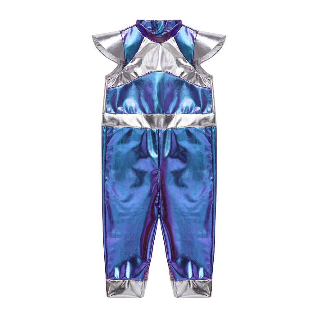 Toddler Boys Girls Shiny Alien Dress-up Costume Jumpsuit Cap Sleeve Zipper Metallic Romper for Photography Halloween Theme Party