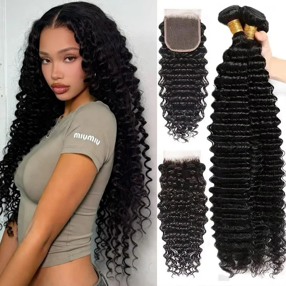 Deep Wave Human Hair Bundles with Closure 24 26 28 inch Deep Curly Bundles Natural Human Hair Brazilian Raw Hair Extensions