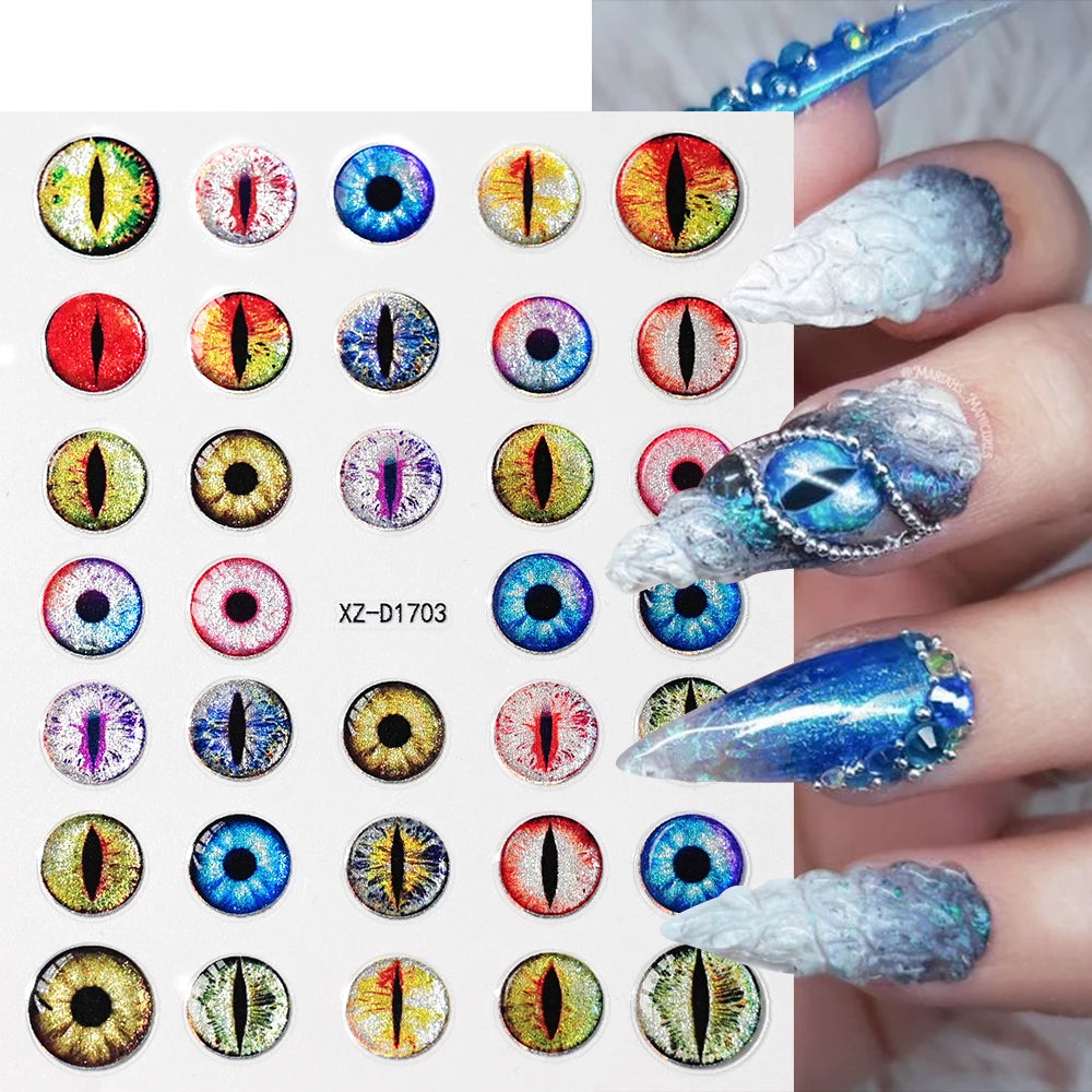 3D Simple Dragon Eyes Nail Art Stickers Green Blue Dinosaur Snake Cat Evil Eye Decal Foil Design Manicure Decoration Accessories