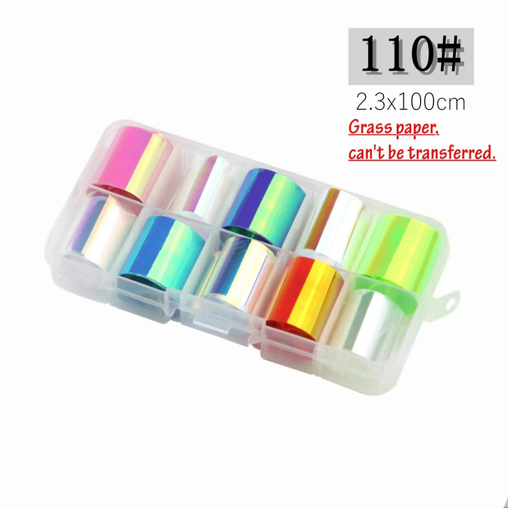 10 Rolls/ Box Charm Nail Foils Polish Stickers Metal Color Starry Paper Transfer Foil Wraps Adhesive Decals Nail Art Decorations