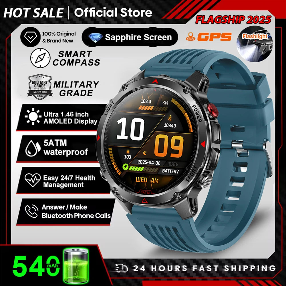2025 New Military Bluetooth Call Smart Watch Built-in GPS Compass Barometric Altimeter 3ATM Waterproof Sports Smartwatches Men