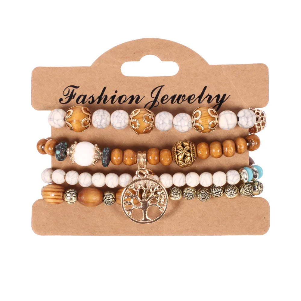 4Pcs/set Bohemia Wood Beads Chain Bracelet Set For Women Tree Of Life Charm Rose Flower Handmade Bangle Girls Boho Jewelry