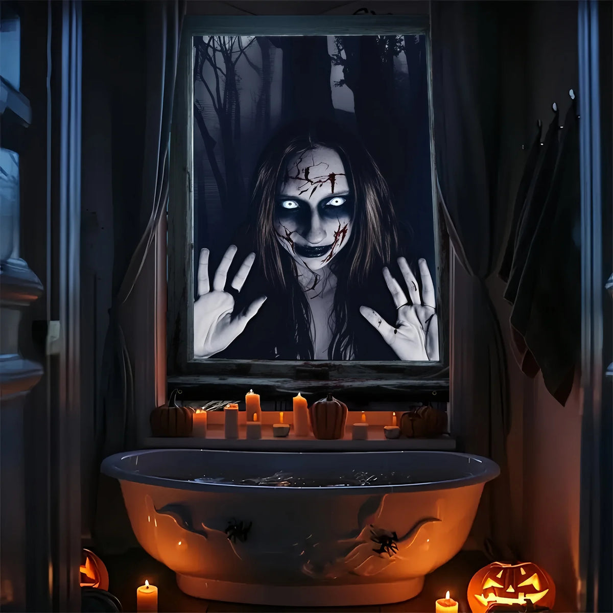 Halloween horror party, forest monster design window decorations, indoor and outdoor decorations, eerie atmosphere