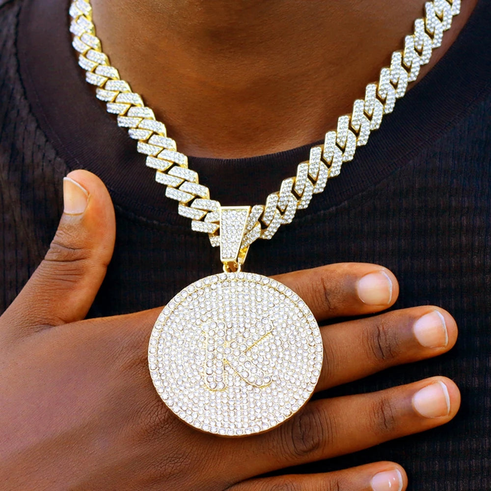 Men Initial Name Pendant Necklace with Hip Hop Iced Out Rhinestone Paved Cuban Link Chain Necklace Fashion Birthday Jewelry Gift