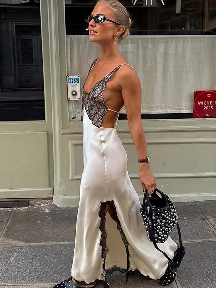 Vintage Lace Spliced Dress Women V-neck Sleeveless Backless High Waist Long Dresses 2026 Spring Elegant Street Lady Maxi Robe