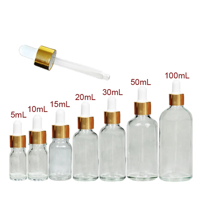 10pcs/lot  Lab Clear Glass Dropper Bottle with Golden Circle Cap 5ml 10ml 15ml 20ml 30ml 50ml 100ml