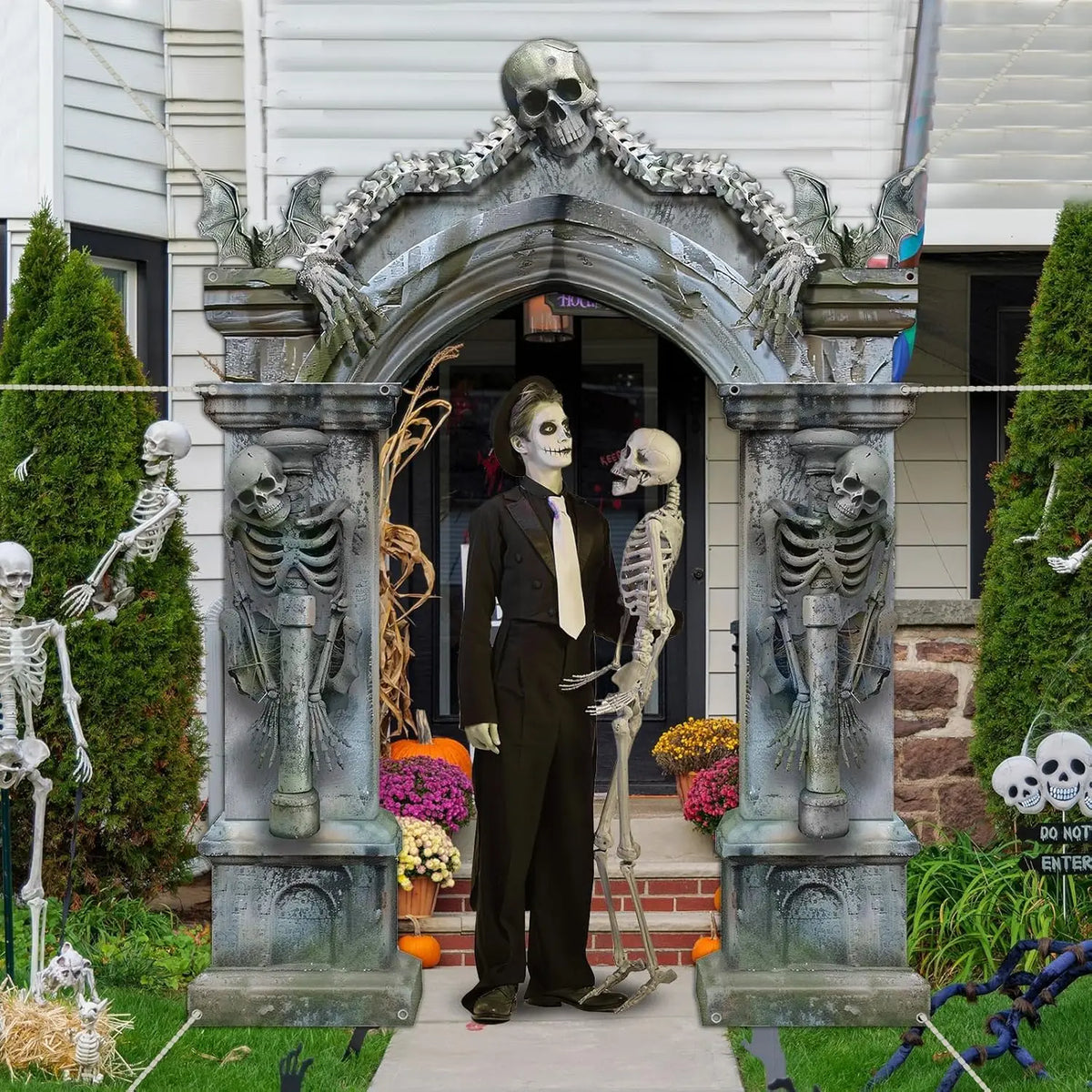 Halloween Skeleton Party Decorations Scary Tombstones Door Banner Creepy Bats Photo Booth Props Large Horror Graveyard Photograp