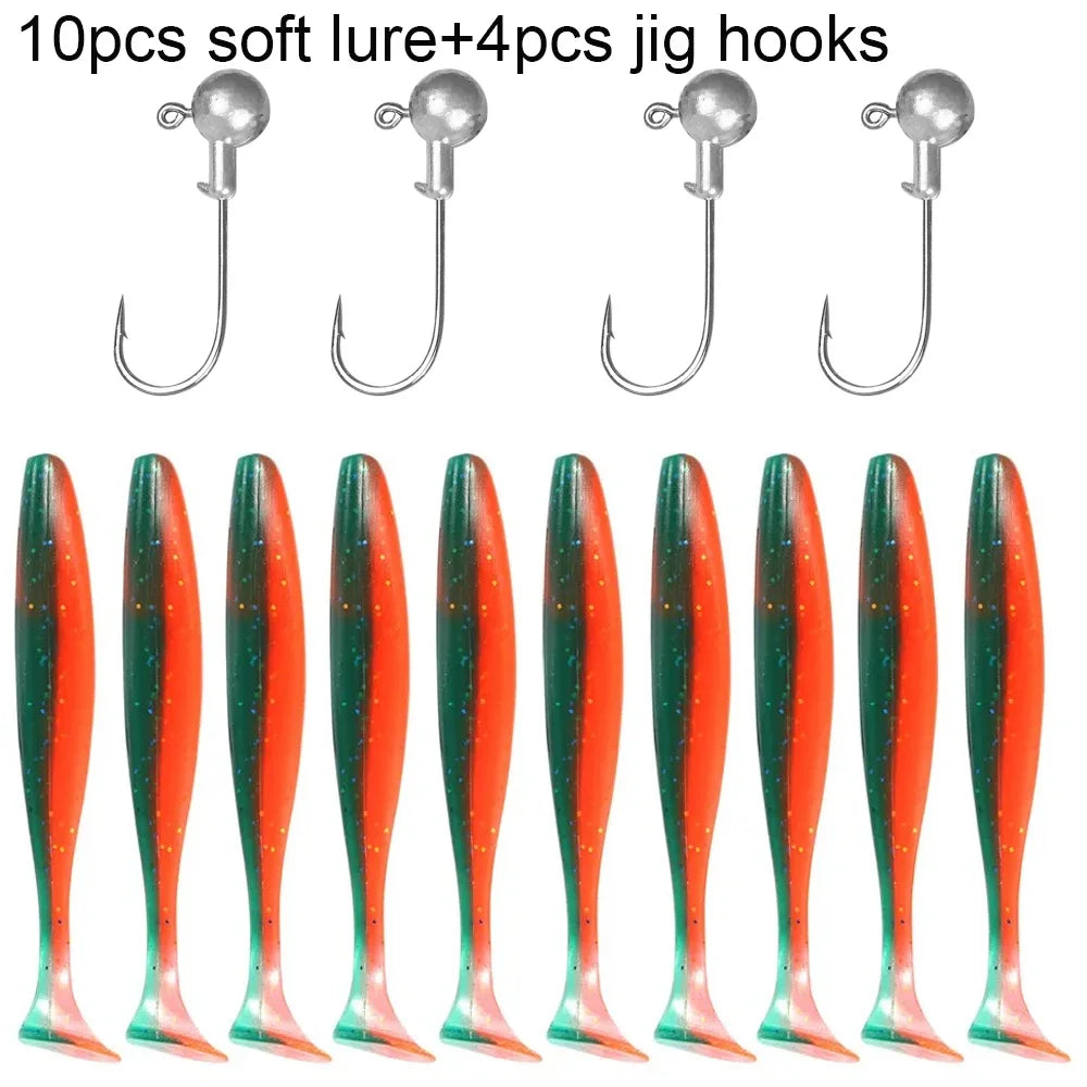 14PCS Gear Kit 10PCS Soft Lure 5.5cm 7cm 10cm T Tail Worm 4PCS Jigging Head Hook 3g 5g 10g Metal Jig Fishing Pesca Swimbait Bait