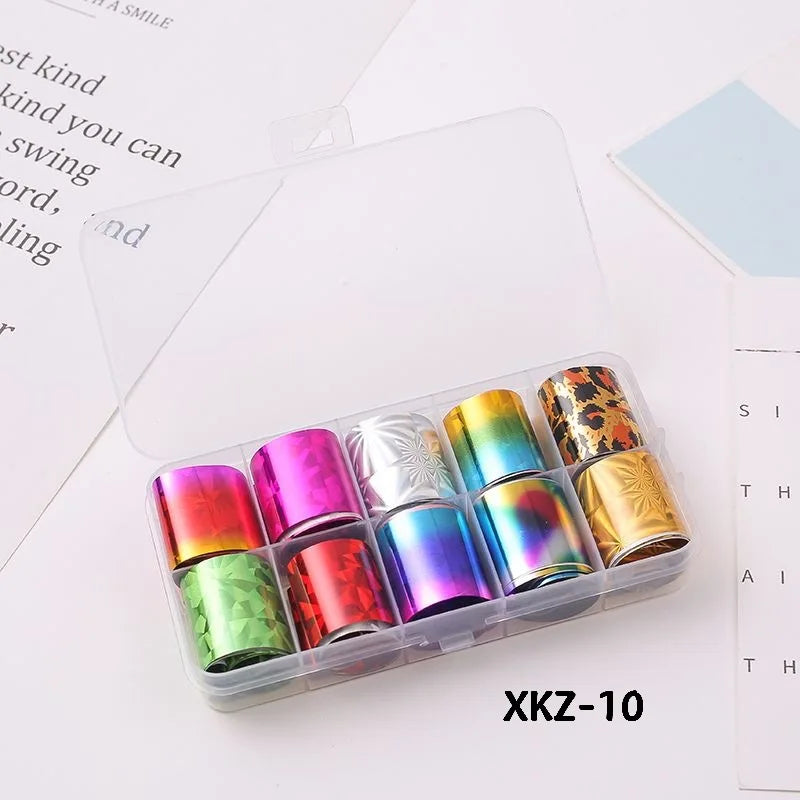 10 Rolls/ Box Charm Nail Foils Polish Stickers Metal Color Starry Paper Transfer Foil Wraps Adhesive Decals Nail Art Decorations
