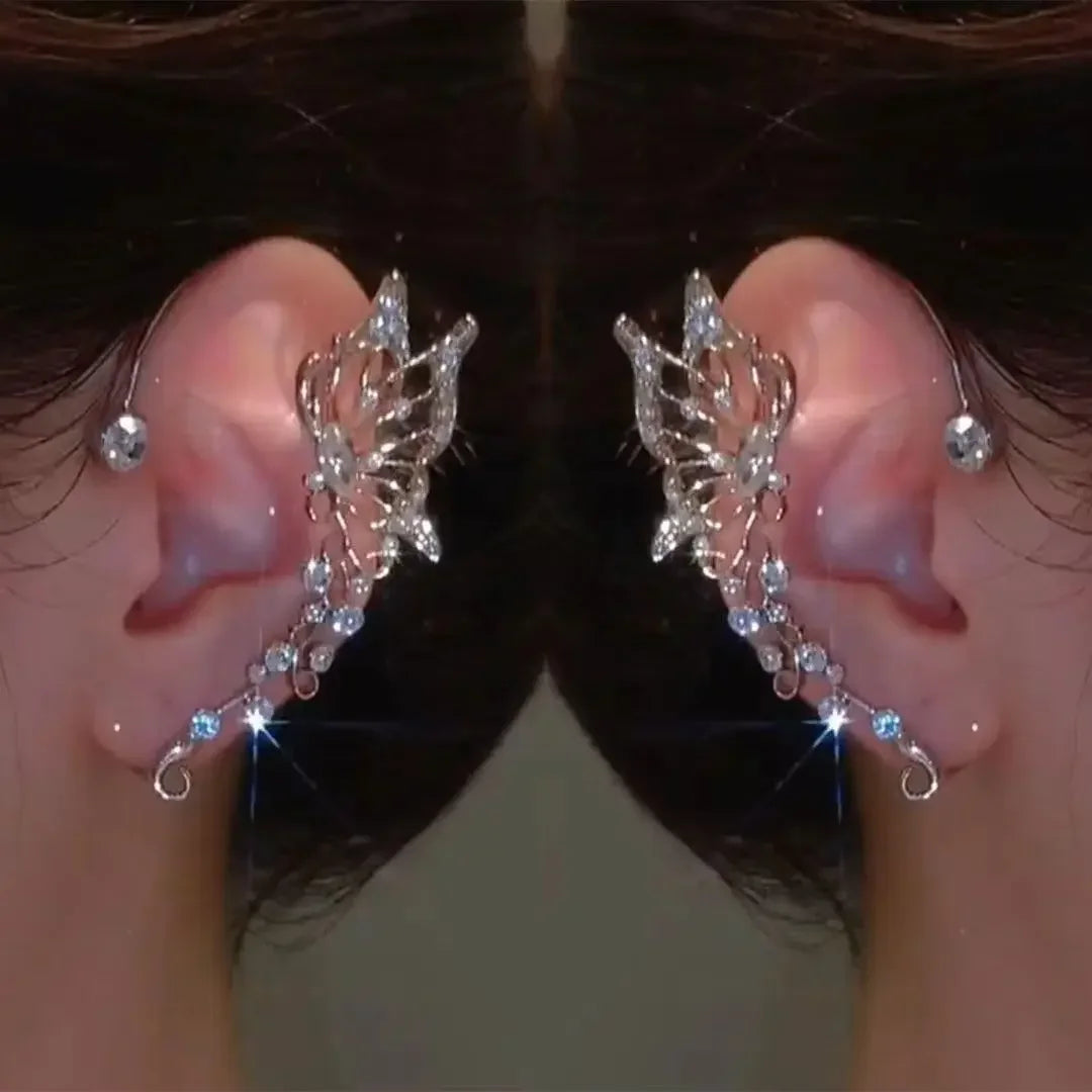 Sparkle Zircon Butterfly Earrings Without Piercing for Women Silver Color Elf Earrings Ear Cuffs Party Wedding Korean Jewelry